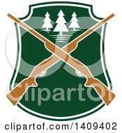 Clipart Of A Crossed Rifle And Trees Hunting Design Royalty Free Vector Illustration