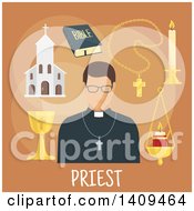 Poster, Art Print Of Flat Design Priest With Icons On Brown