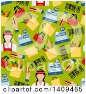 Seamless Background Pattern Of A Cashier And Items
