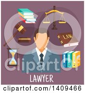 Poster, Art Print Of Flat Design Lawyer With Icons On Purple