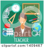 Poster, Art Print Of Flat Design Female Teacher With Icons On Green