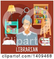 Flat Design Librarian With Icons On Brown