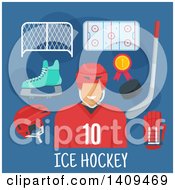 Clipart Of A Flat Design Hockey Player With Icons On Blue Royalty Free Vector Illustration by Vector Tradition SM