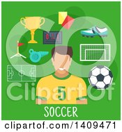 Poster, Art Print Of Flat Design Soccer Player With Icons On Green