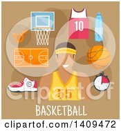 Poster, Art Print Of Flat Design Basketball Player With Icons On Brown