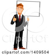 Clipart Of A Caucasian Business Man Giving A Thumb Up And Holding A Blank Sign Royalty Free Vector Illustration