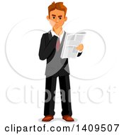 Caucasian Business Man Reading A Newspaper And Thinking