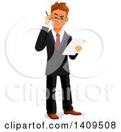 Clipart Of A Caucasian Business Man Looking Skeptical And Holding An Application Royalty Free Vector Illustration