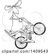 Poster, Art Print Of Cartoon Black And White Lineart Moose Popping A Wheelie On A Stingray Bicycle