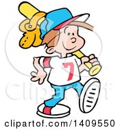 Poster, Art Print Of Cartoon Happy Caucasian Boy Walking With A Baseball Bat And Glove Over His Shoulder