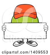 Poster, Art Print Of Cartoon Tennis Ball Character Mascot Wearing A Hat And Holding A Blank Sign
