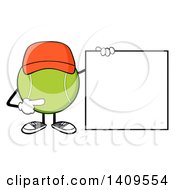 Poster, Art Print Of Cartoon Tennis Ball Character Mascot Wearing A Hat And Pointing To A Blank Sign