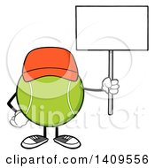 Poster, Art Print Of Cartoon Tennis Ball Character Mascot Wearing A Hat And Holding Up A Blank Sign