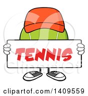 Poster, Art Print Of Cartoon Tennis Ball Character Mascot Wearing A Hat And Holding A Sign