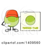 Poster, Art Print Of Cartoon Tennis Ball Character Mascot Wearing A Hat And Pointing To A Sign