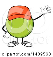 Cartoon Tennis Ball Character Mascot Wearing A Hat And Waving