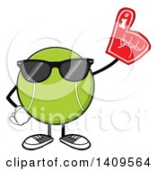 Cartoon Tennis Ball Character Mascot Wearing Sunglasses And A Foam Finger