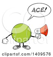 Poster, Art Print Of Cartoon Tennis Ball Character Mascot Using A Megaphone And Saying Ace