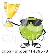 Poster, Art Print Of Cartoon Tennis Ball Character Mascot Wearing Sunglasses And Holding A Trophy