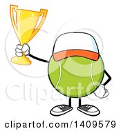 Poster, Art Print Of Cartoon Tennis Ball Character Mascot Wearing A Hat And Holding A Trophy