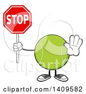 Poster, Art Print Of Cartoon Tennis Ball Character Mascot Holding A Stop Sign