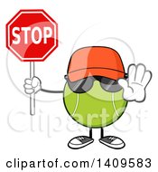 Poster, Art Print Of Cartoon Tennis Ball Character Mascot Wearing A Hat And Sunglasses Holding A Stop Sign