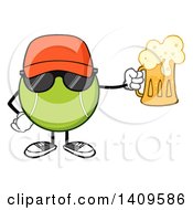 Poster, Art Print Of Cartoon Tennis Ball Character Mascot Wearing Sunglasses And Holding A Beer