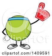 Cartoon Tennis Ball Character Mascot Wearing A Headband And A Foam Finger