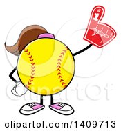 Cartoon Female Softball Character Mascot Wearing A Foam Finger