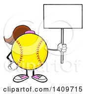 Cartoon Female Softball Character Mascot Holding Up A Blank Sign