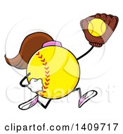 Poster, Art Print Of Cartoon Female Softball Character Mascot Running And Catching A Ball