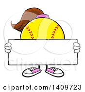 Cartoon Female Softball Character Mascot Holding A Blank Sign