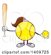 Cartoon Female Softball Character Mascot Holding A Bat And Ball