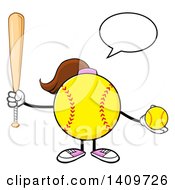 Cartoon Female Softball Character Mascot Talking Holding A Bat And Ball
