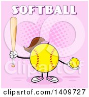 Poster, Art Print Of Cartoon Female Softball Character Mascot Holding A Bat And Ball With Text On Pink