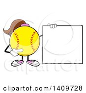 Cartoon Female Softball Character Mascot Holding And Pointing To A Blank Sign
