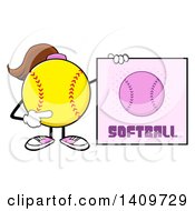 Cartoon Female Softball Character Mascot Holding A Sign