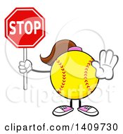 Poster, Art Print Of Cartoon Female Softball Character Mascot Gesturing And Holding A Stop Sign