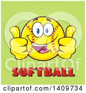 Cartoon Male Softball Character Mascot Giving Two Thumbs Up Over Text On Green