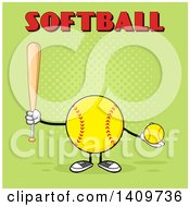 Poster, Art Print Of Cartoon Male Softball Character Mascot Holding A Bat And Ball With Text On Green