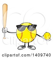 Cartoon Male Softball Character Mascot Wearing Sunglasses Holding A Bat And Ball