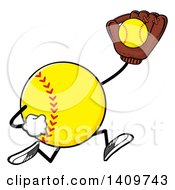 Cartoon Male Softball Character Mascot Running And Catching A Ball