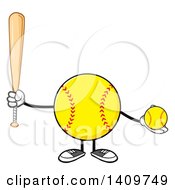 Poster, Art Print Of Cartoon Male Softball Character Mascot Holding A Bat And Ball
