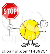 Cartoon Male Softball Character Mascot Gesturing And Holding A Stop Sign