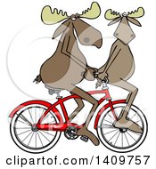 Cartoon Clipart Of A Moose Couple Riding A Bicycle One On The Handlebars Royalty Free Vector Illustration