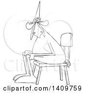 Cartoon Clipart Of A Black And White Lineart Moose Wearing A Dunce Hat And Sitting In A Chair Royalty Free Vector Illustration