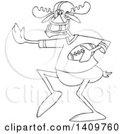 Cartoon Clipart Of A Black And White Lineart Moose Football Player Royalty Free Vector Illustration