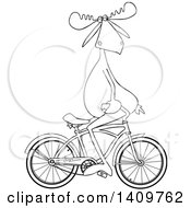 Poster, Art Print Of Black And White Lineart Moose Sitting On Handelbars And Riding A Bicycle Backwards