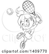 Poster, Art Print Of Black And White Lineart Happy Little Girl Playing Tennis