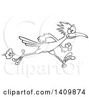 Clipart Of A Black And White Lineart Sprinting Roadrunner Bird Royalty Free Vector Illustration